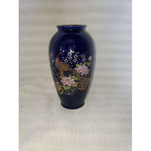 Japanese Blue Cobalt and Gold Peacock Vase Vintage Ceramic 6 inch - Hand Painted - Picture 1 of 7